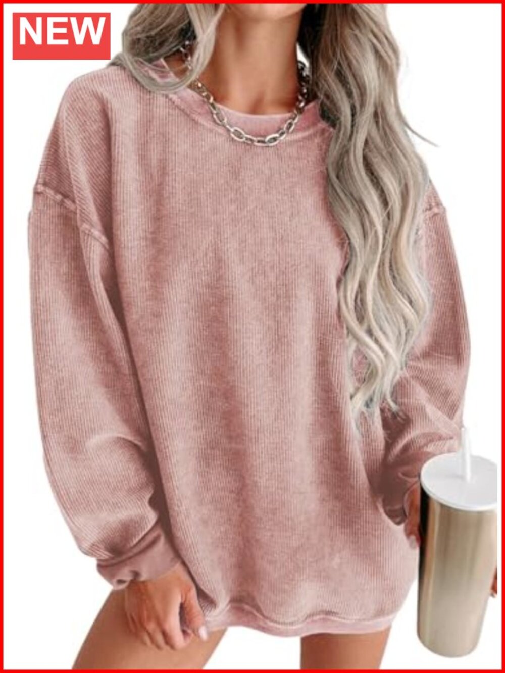 Oversized Sweatshirt Ribbed Corded Pullover Crewneck Casual Top